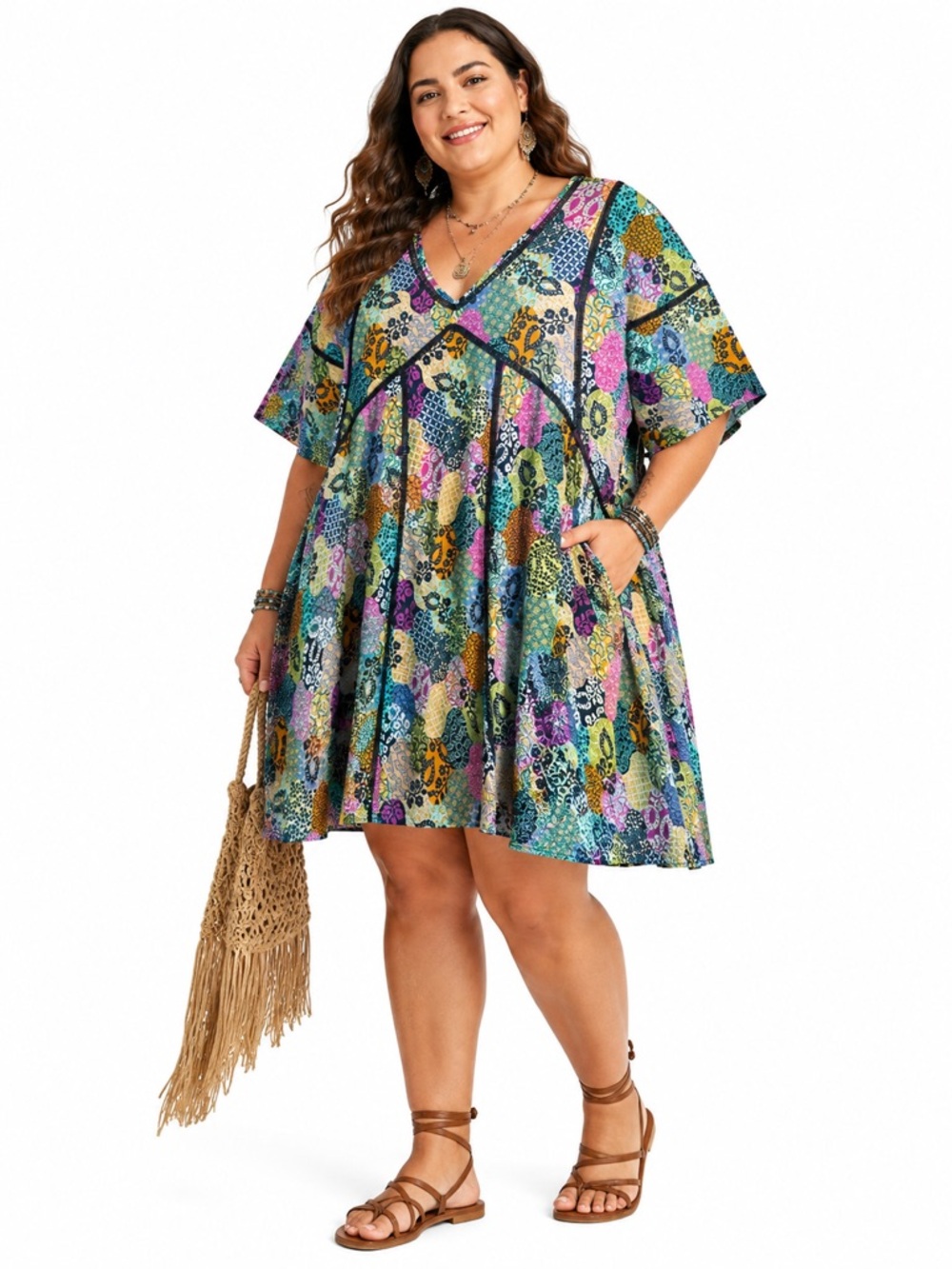 Artesands Multicolor Patchwork Print Dress 22 V Neck Flowy Boho Resort
